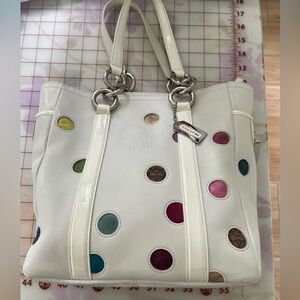 Coach Ltd Ed White Leather Multicolor Polka Dots Gallery tote Bag.